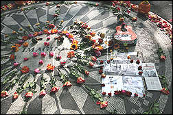 The Imagine mosaic in Strawberry Fields (Central Park) is always decorated by fans from all over the world. Somewhat like a sand painting, the mosaic is a constantly changing work of art, and most always one of great beauty and love.